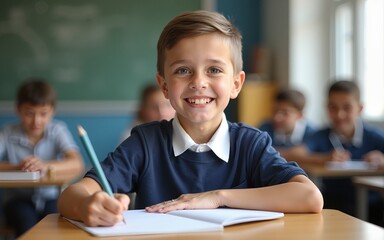 Portrait of smiling schoolboy doing his homework in classroom. High quality