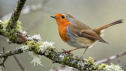 Robin perched on mossy branch bird orange breast