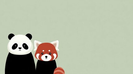 Fototapeta premium Cute Cartoon Panda and Red Panda Friends on Soft Green Background