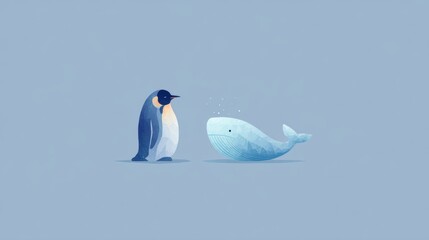 Obraz premium Playful Encounter Between Penguin and Whale in Minimalist Style