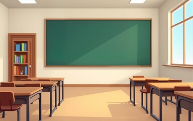 Cartoon classroom interior with view on blackboard, school desks with chairs, bookcase, door and window. Flat Vector Illustration. High quality