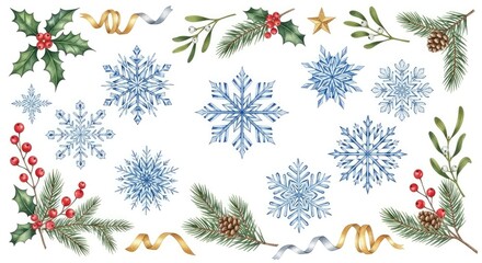 Watercolor Christmas Elements: Snowflakes, Holly, Ribbons, Pine, Festive Holiday Design.