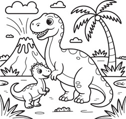 Naklejka premium Dinosaur and Baby Dinosaur in Prehistoric Landscape with Volcano