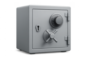 Closed metal safe with combination lock on transparent background