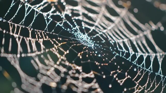 Dew-kissed spiderweb intricate network