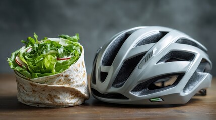 Fresh Salad Wrap Next to a Stylish Bicycle Helmet on a Wooden Table