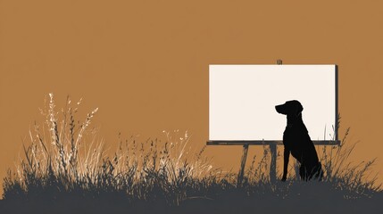 Silhouette of Dog Watching Blank Canvas in Serene Landscape Setting