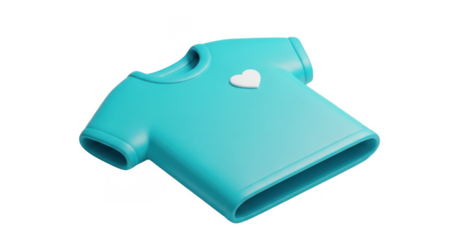 Light teal cartoon t-shirt with a white heart graphic design, isolated on png background. - Powered by Adobe