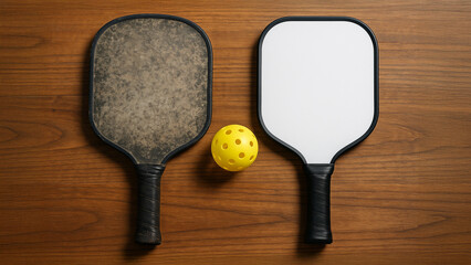 Old and New Pickleball Paddles with Ball on Wooden Surface