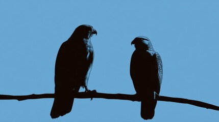 Silhouette of Two Birds Sitting on a Branch Against Blue Background