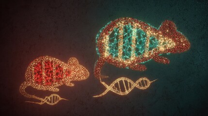 Fototapeta premium Two glowing mouse silhouettes connected by a DNA helix to their offspring, illustraing reproductive science.