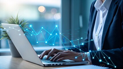 Professional analyzing digital data charts and graphs on laptop, driving business growth and insights.
