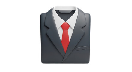 3D model of a dark gray suit with a red tie and white collared shirt.