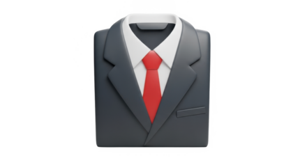 3D model of a dark gray suit with a red tie and white collared shirt.