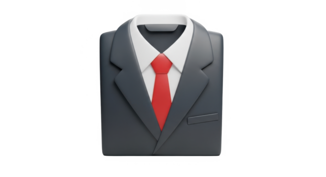 3D model of a dark gray suit with a red tie and white collared shirt. - Powered by Adobe