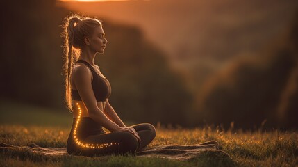 Woman meditating outdoors at sunset, highlighting spinal alignment.