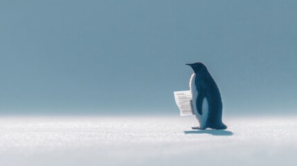 Obraz premium Penguin Holding Paper in Snowy Landscape with Clear Blue Background