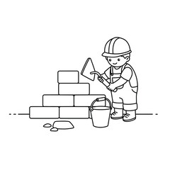 Coloring Book Cartoon Bricklayer with Trowel Building a Brick Wall Black and White.