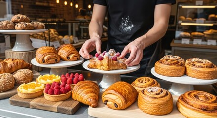 Baker Arranging Freshly Baked Pastries in Bakery Display Case