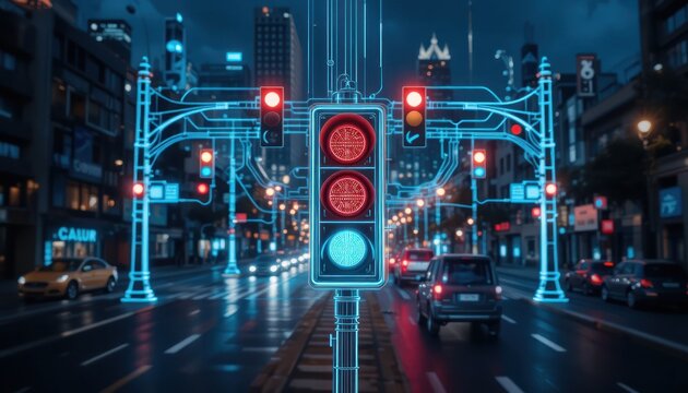 Smart City Traffic: Futuristic Cityscape with Networked Traffic Lights