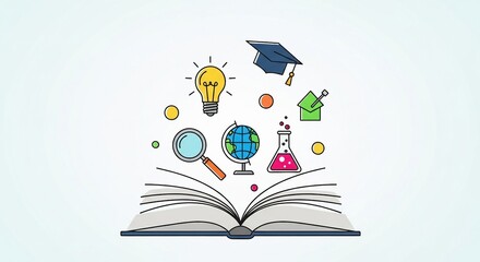 Open book with education icons: lightbulb, graduation cap, globe, magnifying glass, beaker, house, symbolizing knowledge, learning, and academic success.