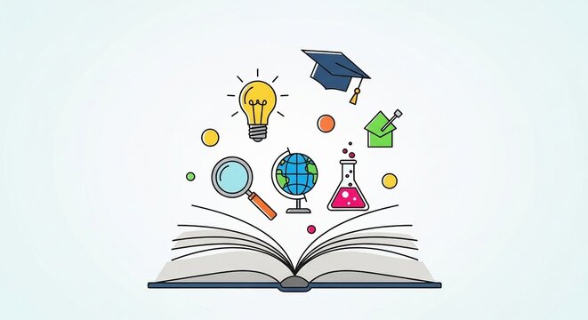 Open book with education icons: lightbulb, graduation cap, globe, magnifying glass, beaker, house, symbolizing knowledge, learning, and academic success.