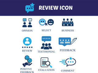 Review icon set isolated on white background, customer feedback and rating system, opinion and comment
