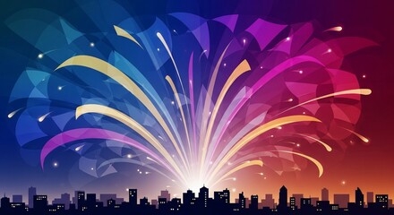 Vibrant abstract light burst illuminates a silhouetted city skyline, symbolizing celebration, urban energy, and festive future events.