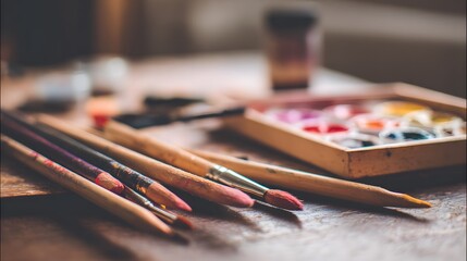 Artistic paintbrushes and watercolors on a wooden table.