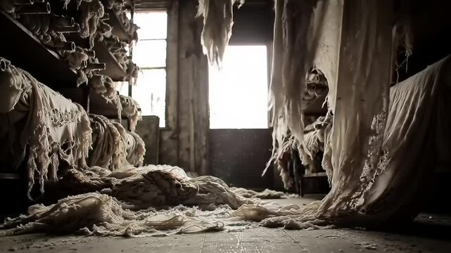 Abandoned textile factory interior. Light streams through a window, illuminating decaying fabrics