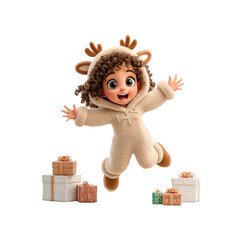 Joyful 3D Render of a Little Girl in Reindeer Costume Jumping with Presents
