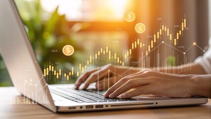 Hands typing on laptop with glowing financial charts and dollar symbols indicating investment growth