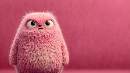 Cute Pink Fluffy Monster with Big Eyes against a Pink Background with Copy Space