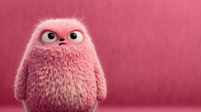 Cute Pink Fluffy Monster with Big Eyes against a Pink Background with Copy Space