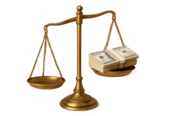 Golden scale balancing money and justice on transparent background