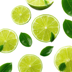 Fresh lime slices and leaves on black background, food photography, recipe ingredient