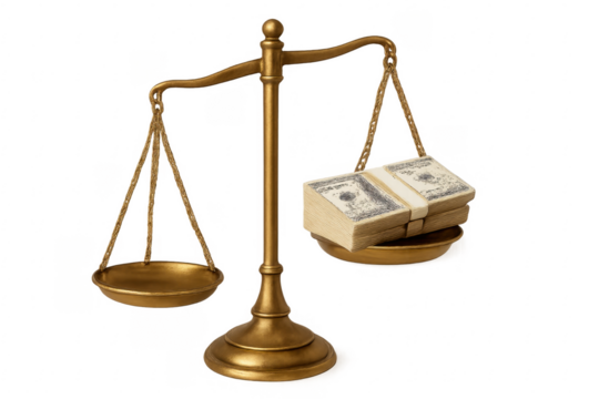 Golden scale balancing money and justice on transparent background