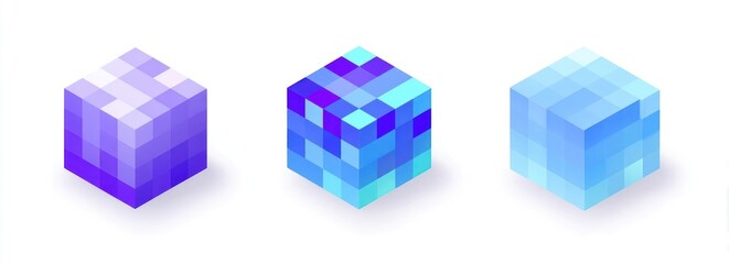 Fototapeta premium Three isometric pixelated cubes in shades of blue