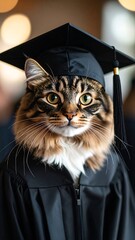 A cat wearing a graduation gown and cap.  Cute, academic