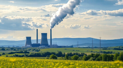 spring landscape with power station
