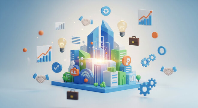 Dynamic Cityscape with Business and Technology Icons Illustrating Growth and Innovation