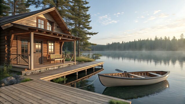 Log cabin by the lake with a boat and a wooden dock in the morning