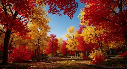 Enchanting Autumnal Forest: A Kaleidoscope of Red, Gold, and Vibrant Hues