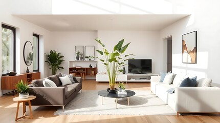 Fototapeta premium Stunning modern living room featuring comfortable sofas, natural light, and vibrant plants for ultimate relaxation and stylish home decor.