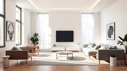 Serene modern living room bathed in natural sunlight, featuring comfortable sofas, stylish armchairs, and minimalist decor for ultimate relaxation and contemporary living.