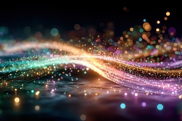 Obraz premium Abstract colorful lights and glittering particles on a dark background creating a vibrant and dynamic atmosphere ideal for celebrations, events, and creative projects.