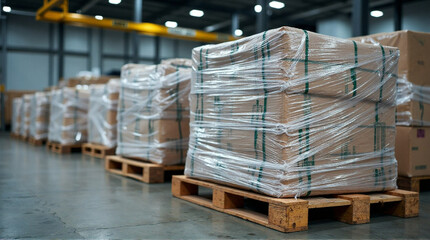 Stacked cargo on wooden pallets shrink-wrapped for secure transport in a modern warehouse setting