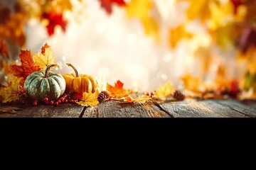 Autumn banner with fallen maple leaves and pumpkins on wooden vintage table. Autumn concept with red-yellow leaves background. Thanksgiving pumpkins.