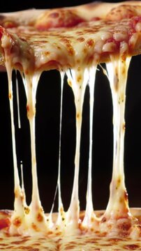 Cheese pull from baked pepperoni pizza close-up