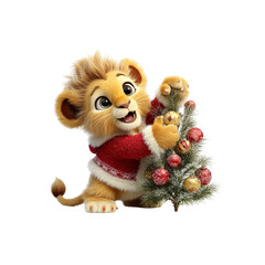 Adorable Lion Cub Decorating Christmas Tree for Holiday Cheer